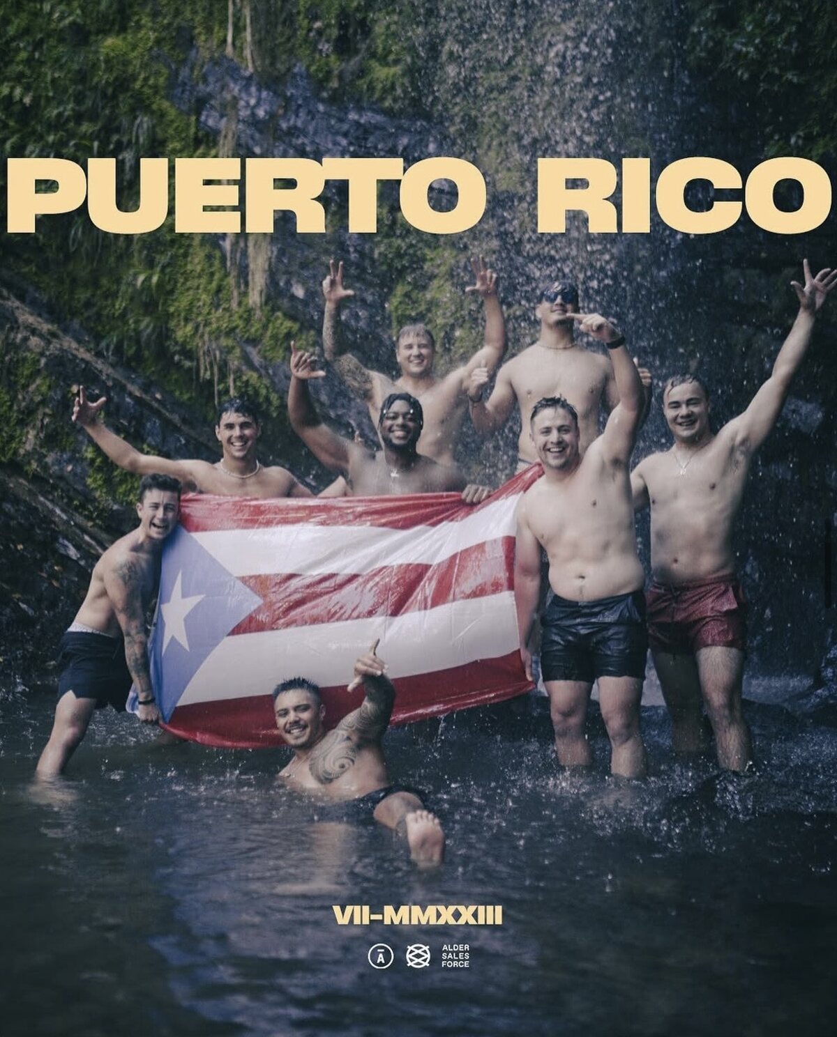 Valor reps celebrating with a flag on a Puerto Rico incentive trip